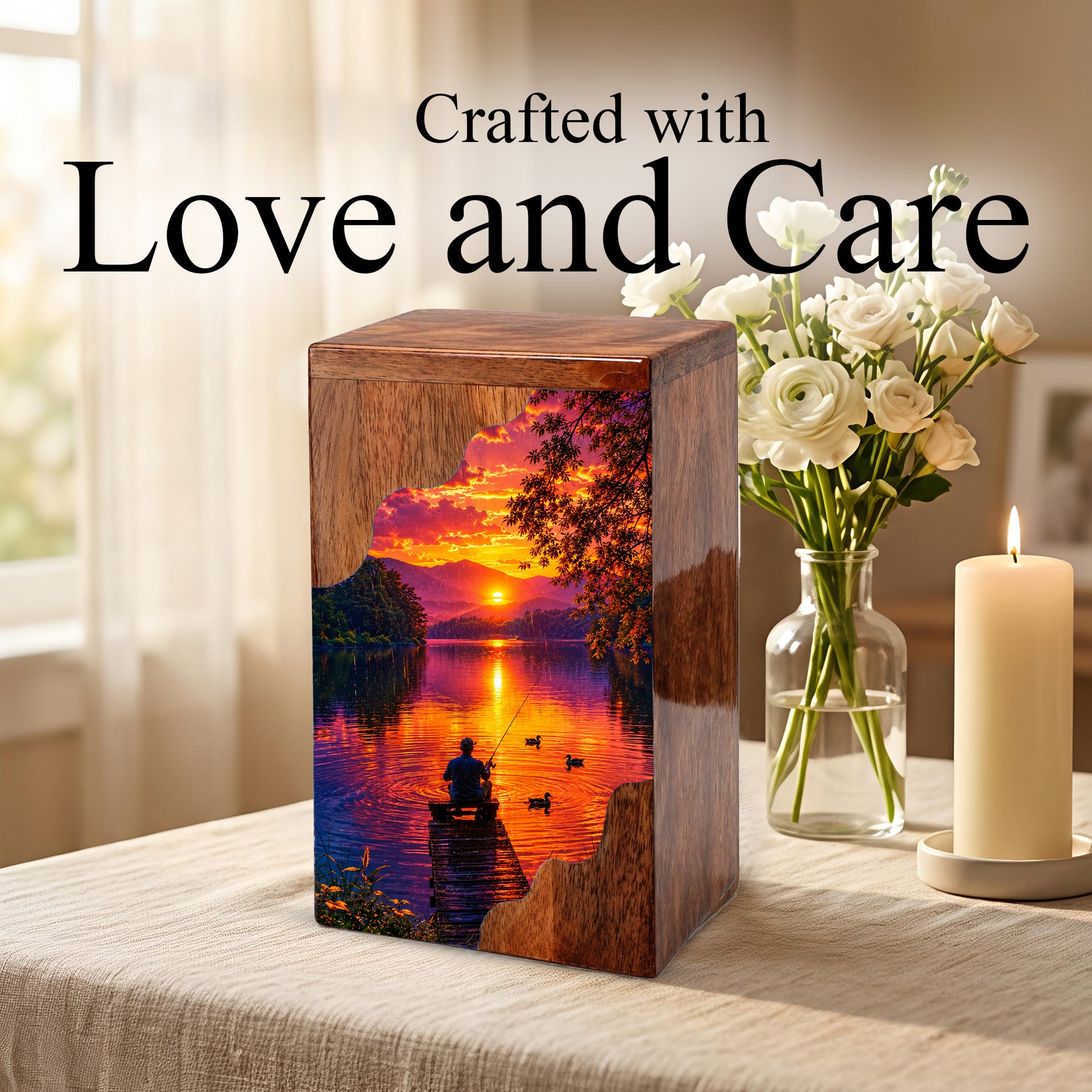 Gone Fishing Wooden Cremation Urn – Sunset Lake Memorial Urn for Human Ashes