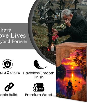 Gone Fishing Wooden Cremation Urn – Sunset Lake Memorial Urn for Human Ashes