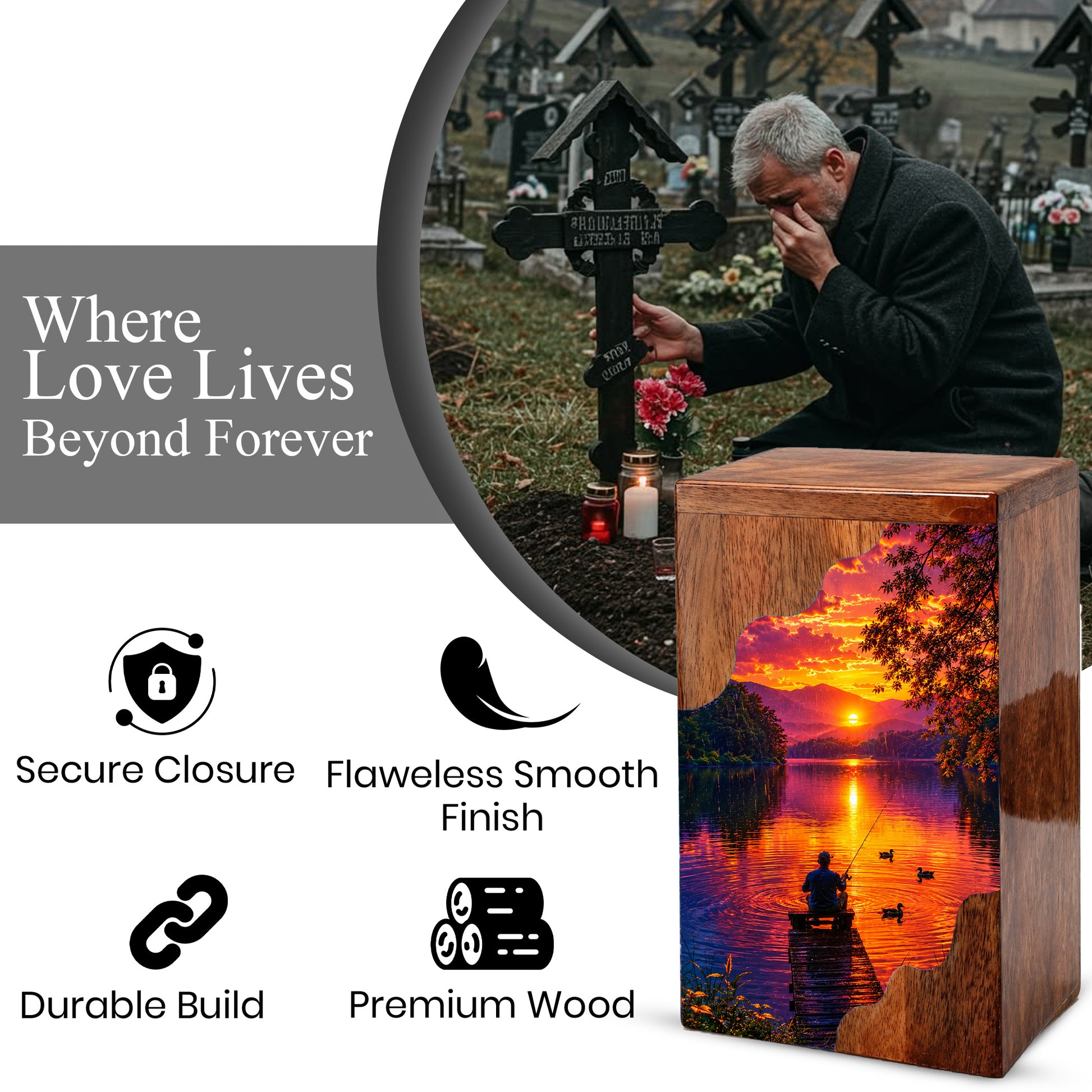 Gone Fishing Wooden Cremation Urn – Sunset Lake Memorial Urn for Human Ashes