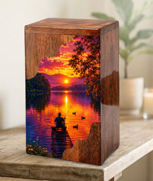 Gone Fishing Wooden Cremation Urn – Sunset Lake Memorial Urn for Human Ashes