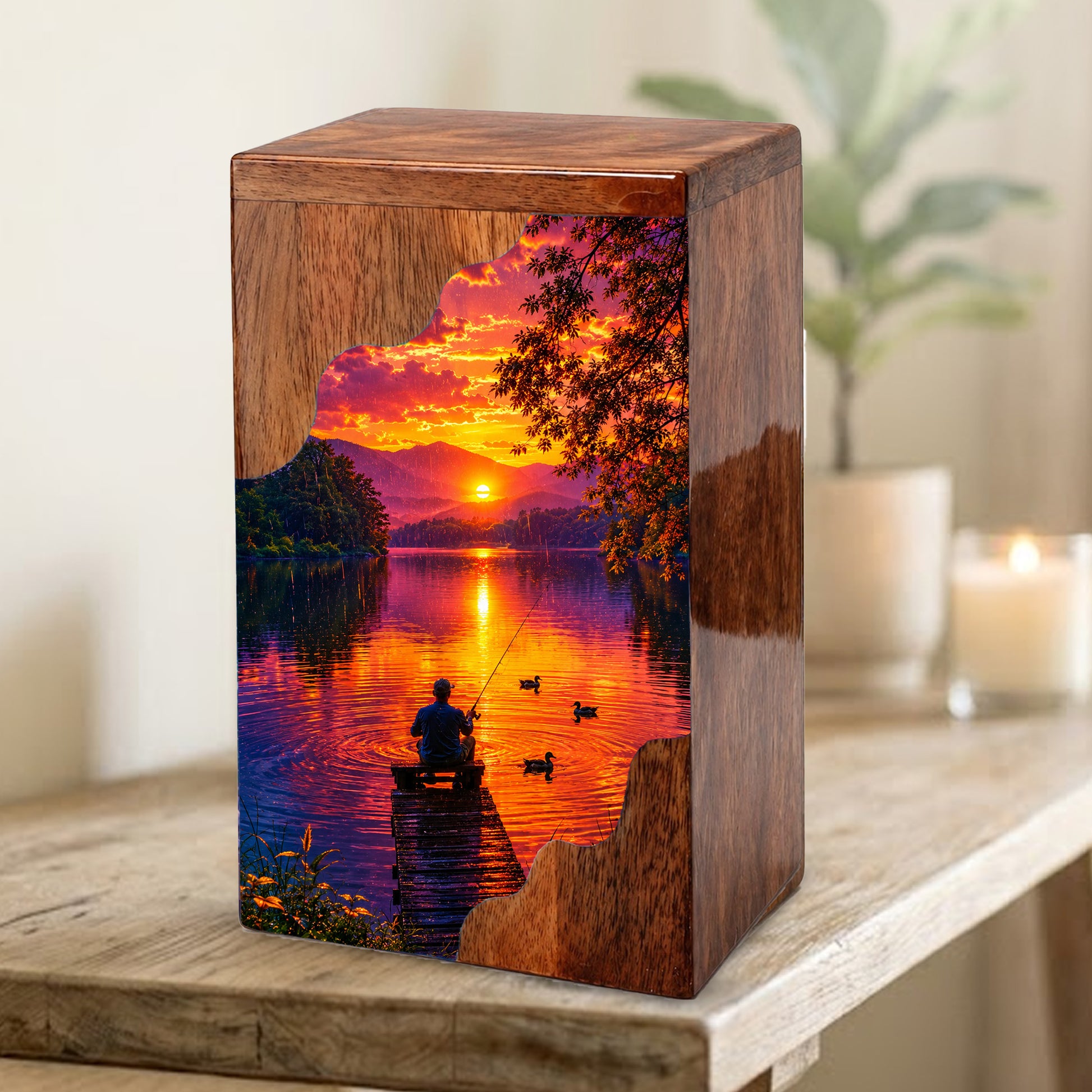 Gone Fishing Wooden Cremation Urn – Sunset Lake Memorial Urn for Human Ashes