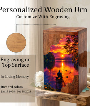 Gone Fishing Wooden Cremation Urn – Sunset Lake Memorial Urn for Human Ashes