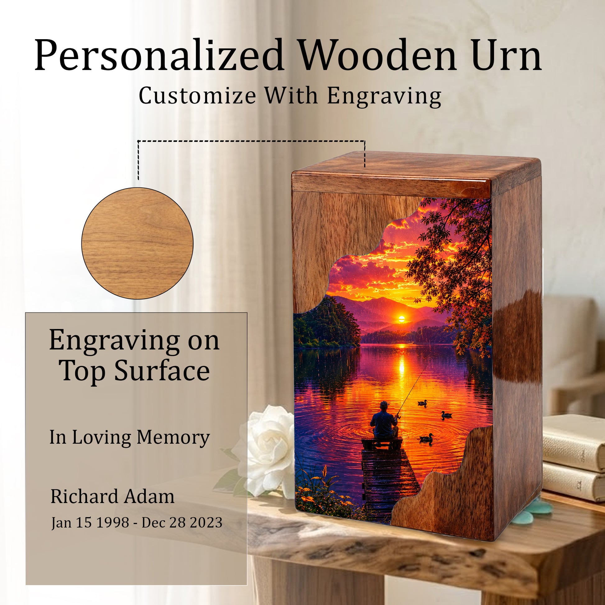 Gone Fishing Wooden Cremation Urn – Sunset Lake Memorial Urn for Human Ashes