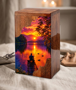 Gone Fishing Wooden Cremation Urn – Sunset Lake Memorial Urn for Human Ashes