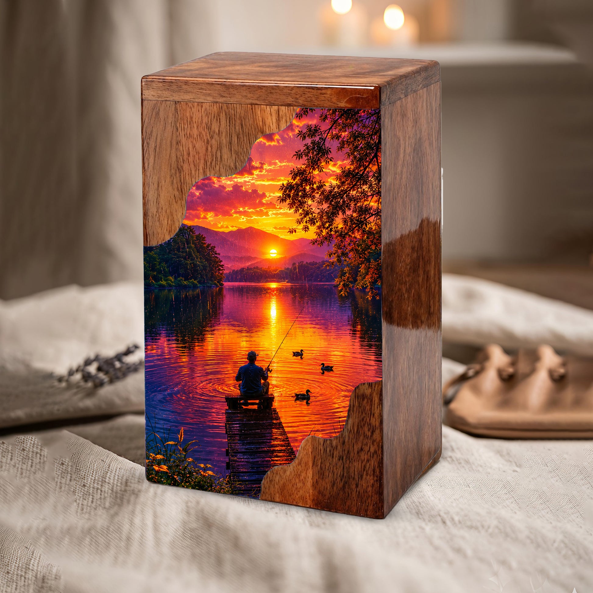 Gone Fishing Wooden Cremation Urn – Sunset Lake Memorial Urn for Human Ashes