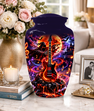 Gothic Guitar Cremation Urn for Dad, Personalized Halloween Memorial Urn for Human Ashes
