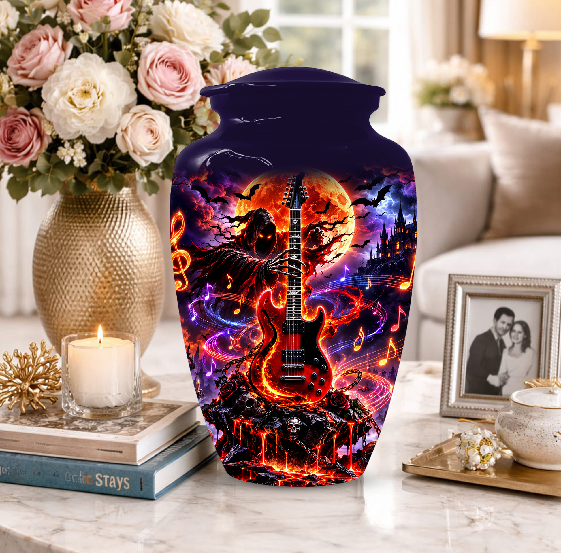 Gothic Guitar Cremation Urn for Dad, Personalized Halloween Memorial Urn for Human Ashes