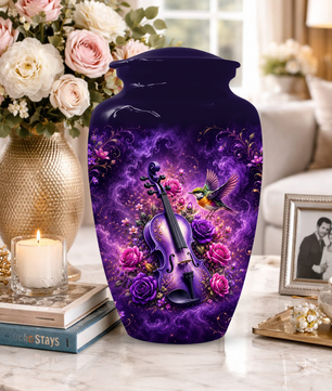 Purple Violin Hummingbird Cremation Urn for Human Ashes, Personalized Memorial Urn for Mom