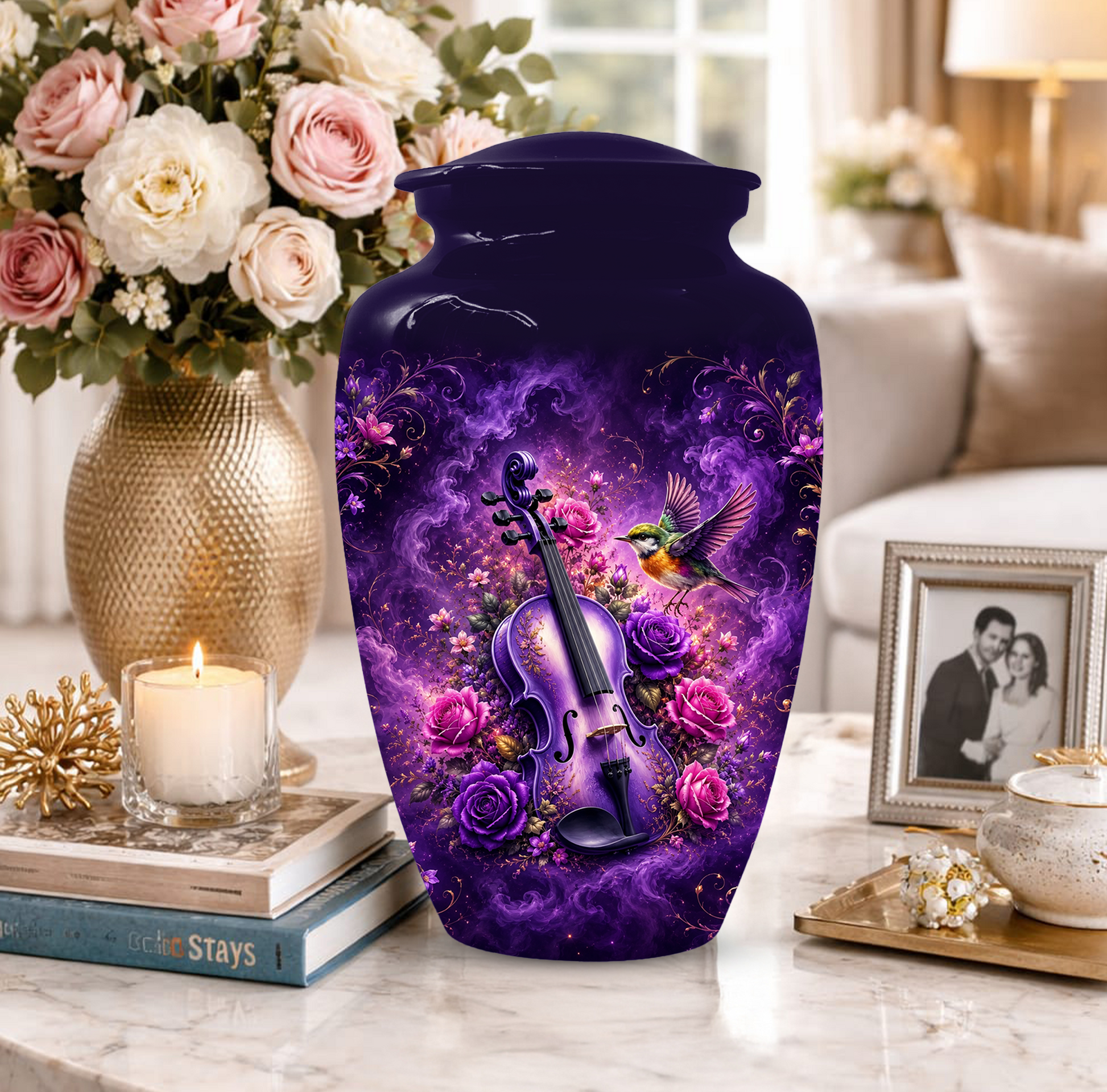 Purple Violin Hummingbird Cremation Urn for Human Ashes, Personalized Memorial Urn for Mom