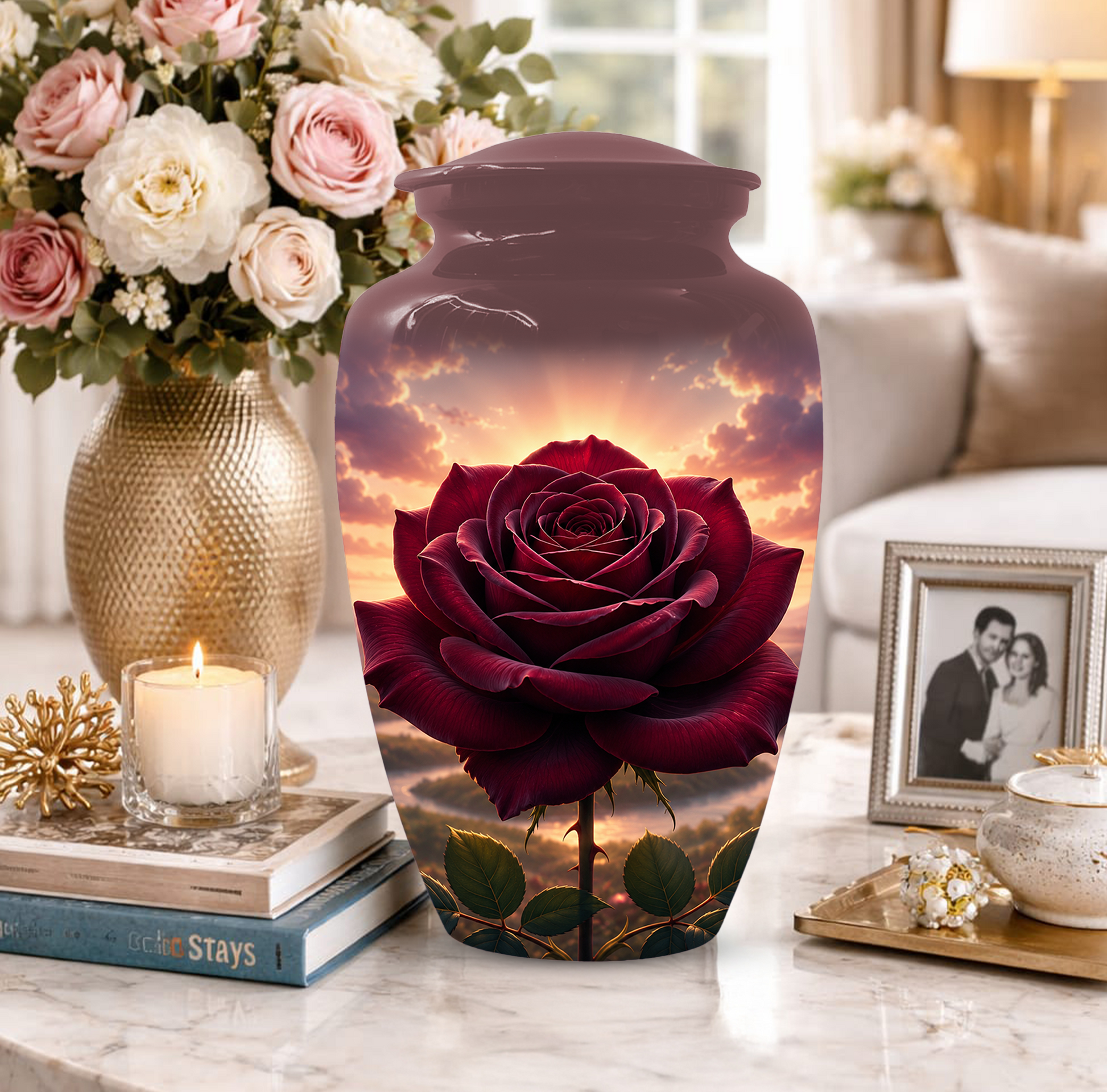 Red Rose Cremation Urn for Ashes - Personalized Floral Memorial for Mom