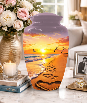 Beach Scene Urn For Ashes - Customizable Ocean Themed Heart Cremation Urns For Adults