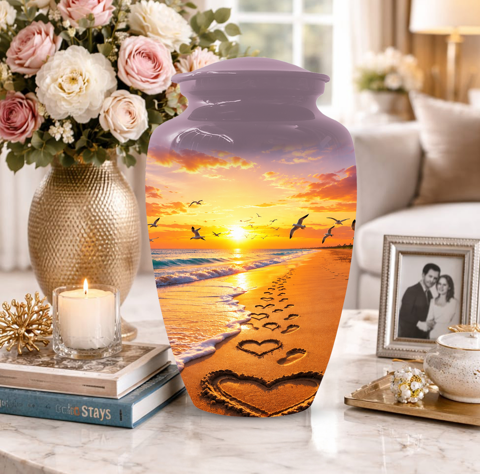 Beach Scene Urn For Ashes - Customizable Ocean Themed Heart Cremation Urns For Adults