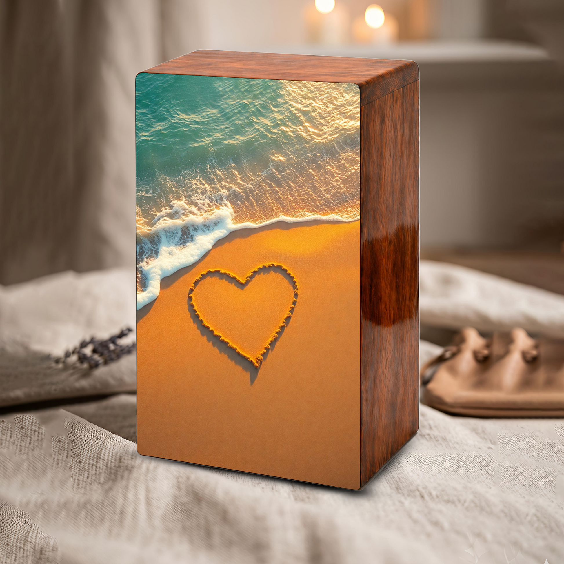 Ocean Beach Urn Wooden – Heart Coastal Memorial Urn for Human Ashes
