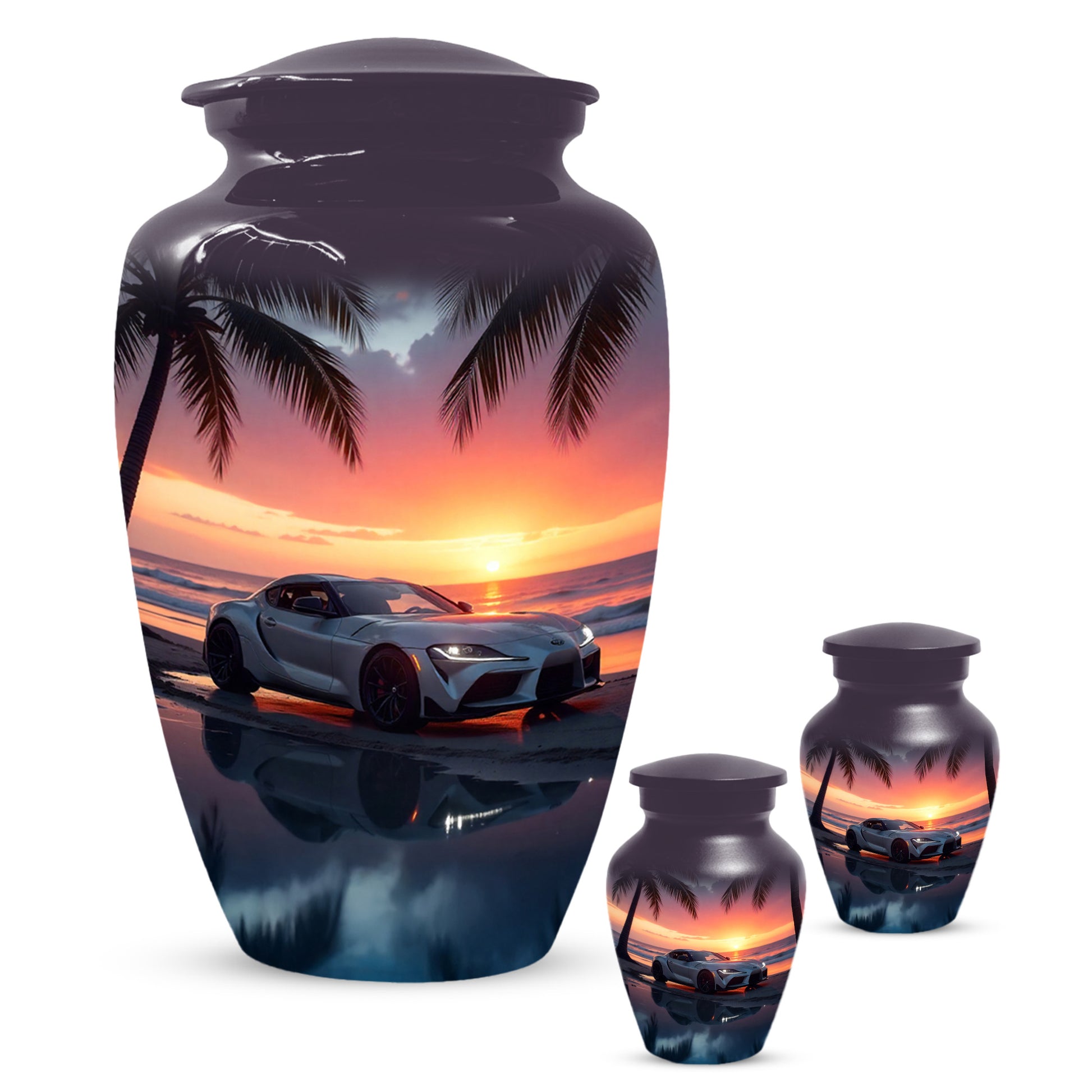 Beach Sunset Car Cremation Urn for Human Ashes | Adult Urn with Sports Car
