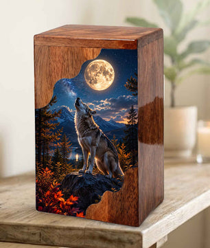 Wolf Wooden Cremation Urn for Human Ashes | Personalized Urn for Dad