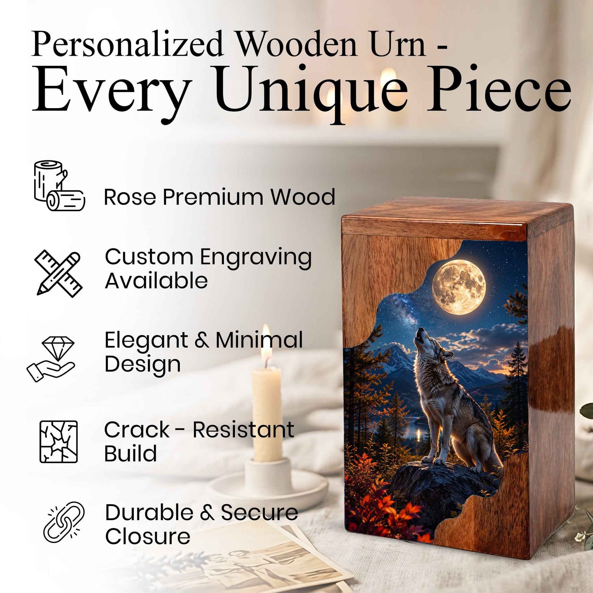 Wolf Wooden Cremation Urn for Human Ashes | Personalized Urn for Dad