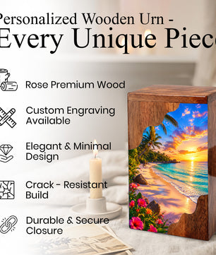Tropical Beach Wooden Cremation Urn – Sunset Ocean Memorial Urn with Island Paradise Artwork