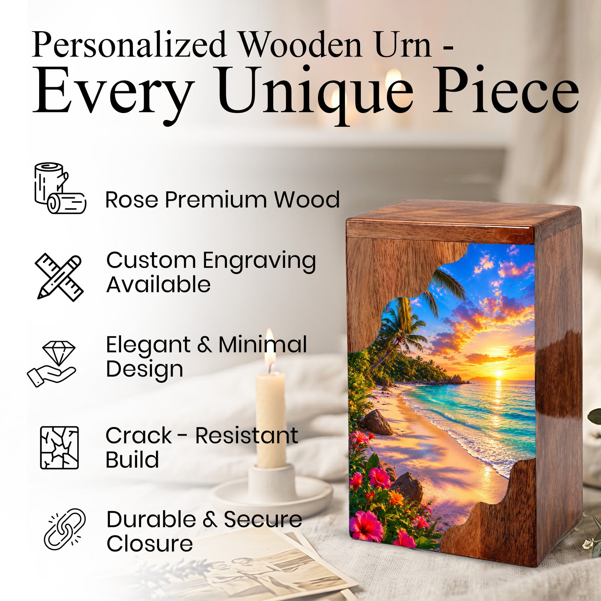 Tropical Beach Wooden Cremation Urn – Sunset Ocean Memorial Urn with Island Paradise Artwork