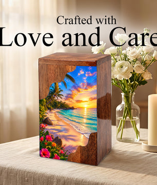 Tropical Beach Wooden Cremation Urn – Sunset Ocean Memorial Urn with Island Paradise Artwork
