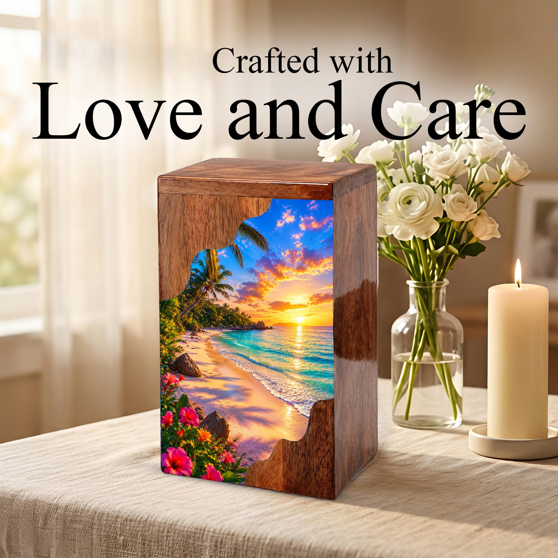 Tropical Beach Wooden Cremation Urn – Sunset Ocean Memorial Urn with Island Paradise Artwork