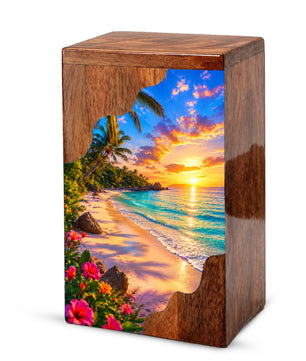 Tropical Beach Wooden Cremation Urn – Sunset Ocean Memorial Urn with Island Paradise Artwork