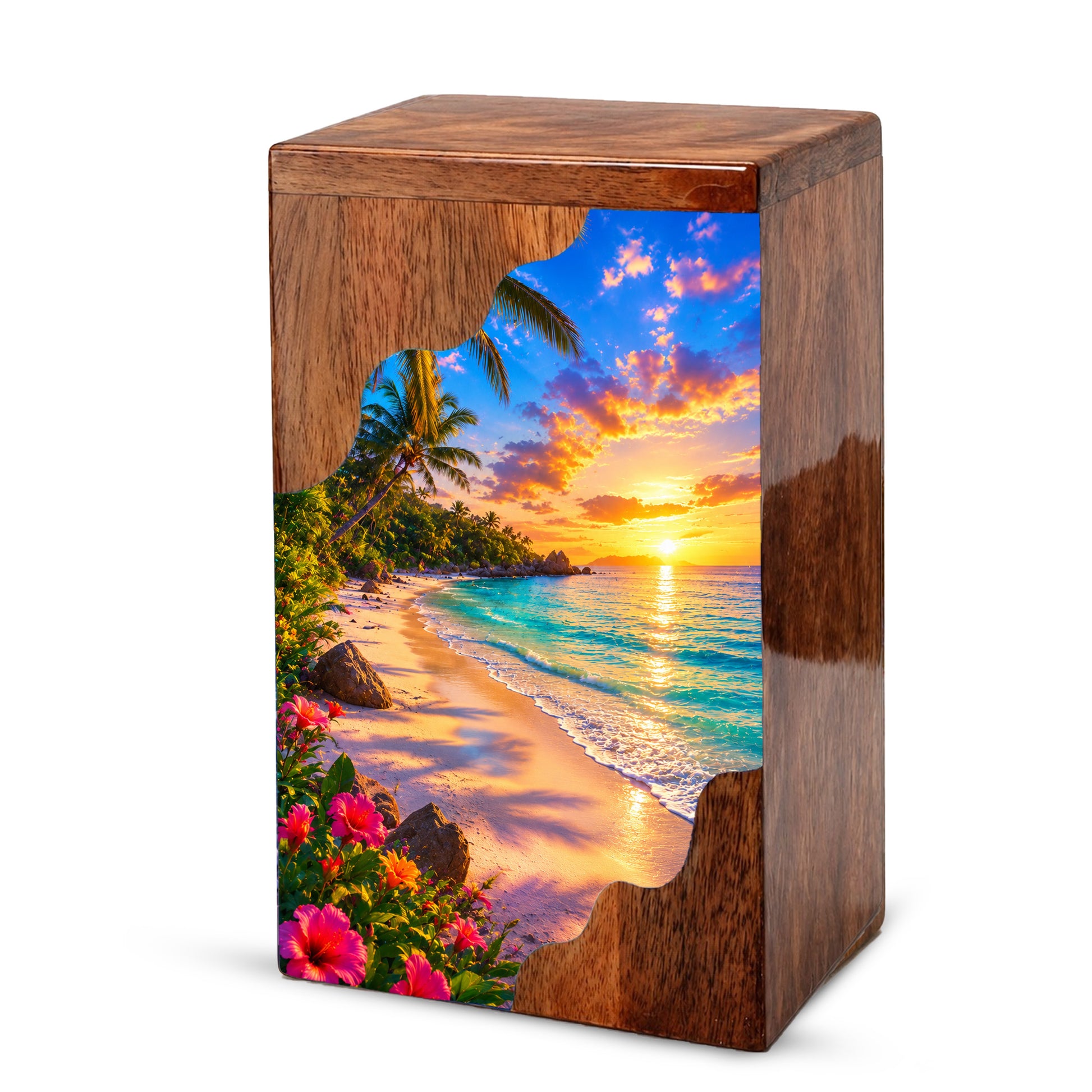 Tropical Beach Wooden Cremation Urn – Sunset Ocean Memorial Urn with Island Paradise Artwork