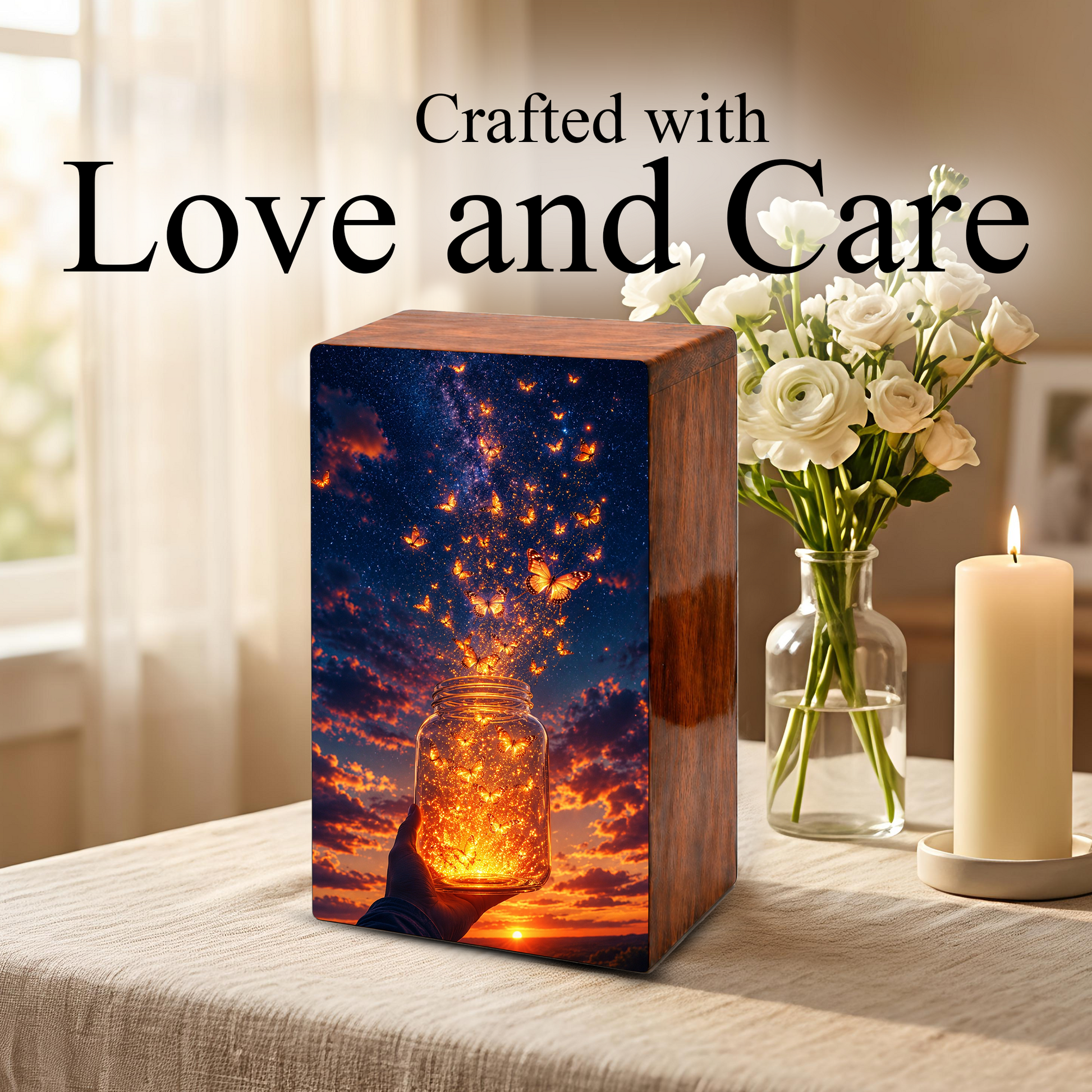 Yellow Butterfly Urn For Human Ashes - Monarch Butterflies Wooden Urns For Men and Women