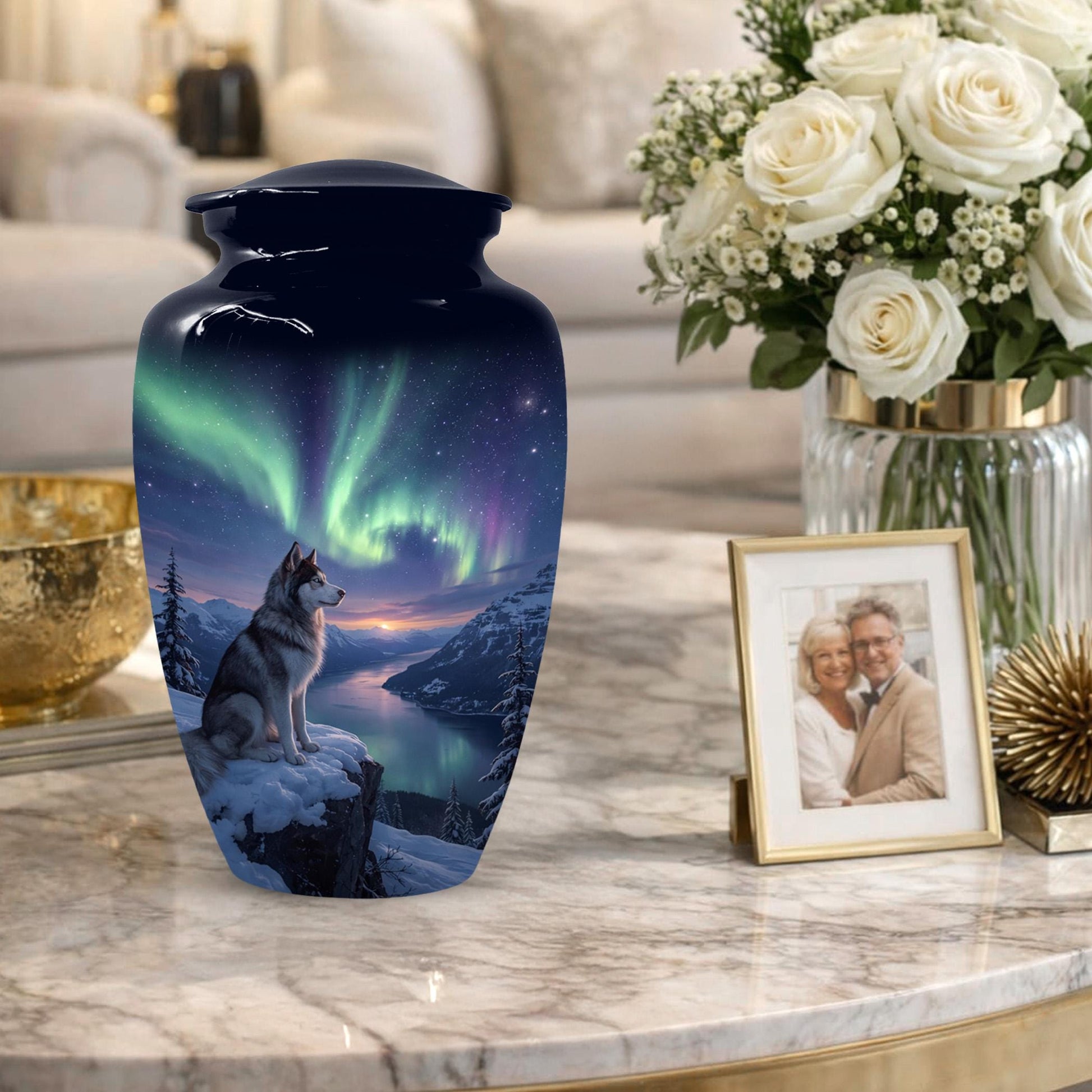 Husky Dog Urn for Ashes - Aurora Borealis Mini Urns For Pets