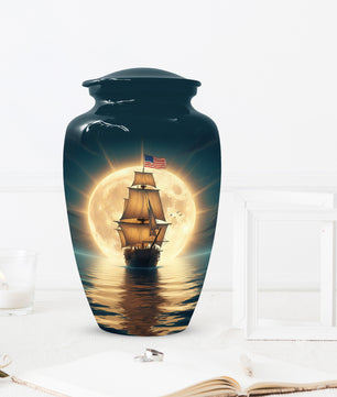 American Flag Sailing Ship Urn for Dad – Personalized Nautical Cremation Urns for Father