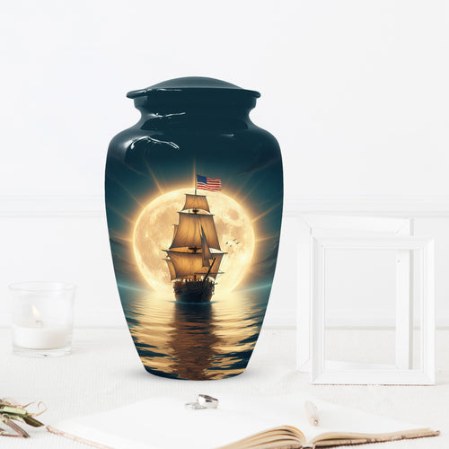 American Flag Sailing Ship Urn for Dad – Personalized Nautical Cremation Urns for Father