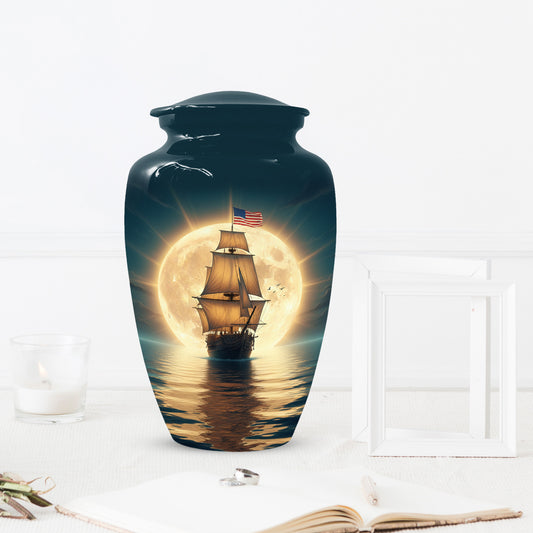 American Flag Sailing Ship Urn for Dad – Personalized Nautical Cremation Urns for Father