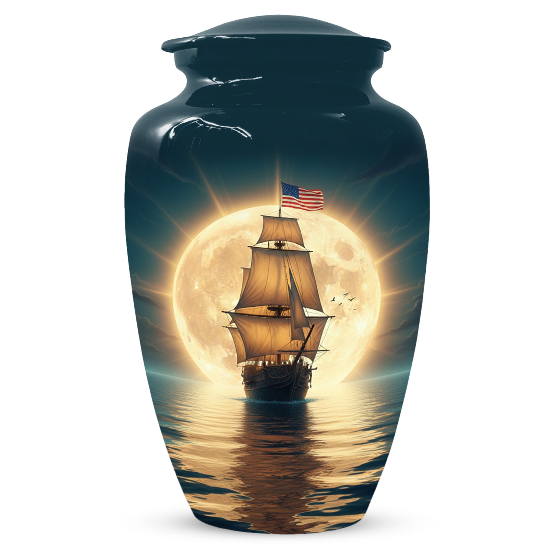 American Flag Sailing Ship Urn for Dad – Personalized Nautical Cremation Urns for Father