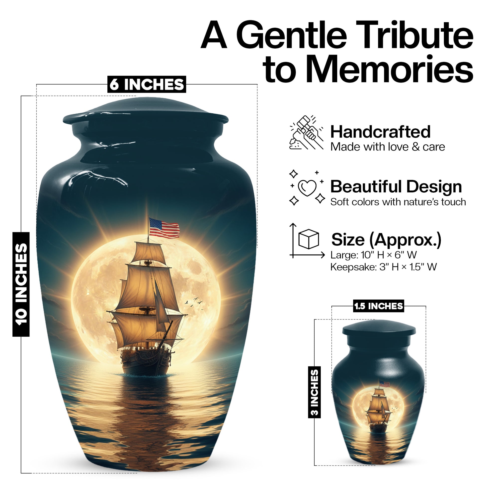 American Flag Sailing Ship Urn for Dad – Personalized Nautical Cremation Urns for Father
