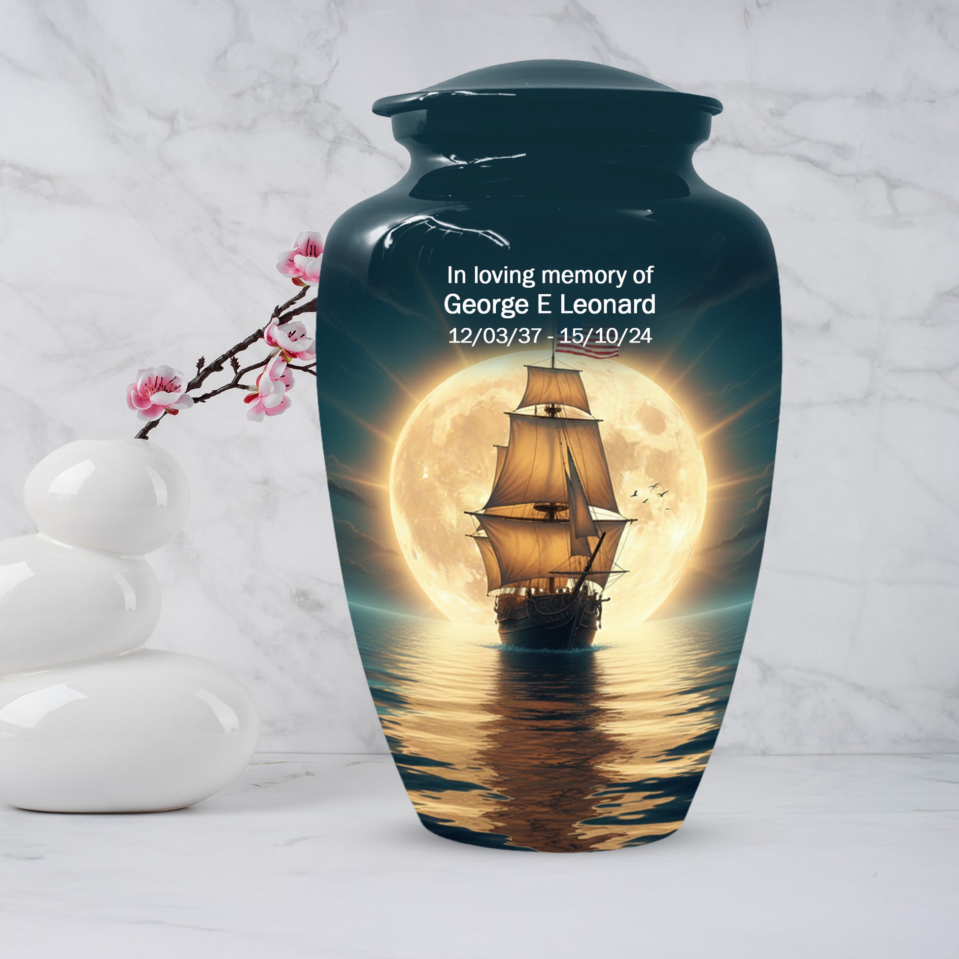 American Flag Sailing Ship Urn for Dad – Personalized Nautical Cremation Urns for Father