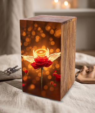 Red Rose Urn For Human Ashes - Angel Rose Decorative Wooden Box