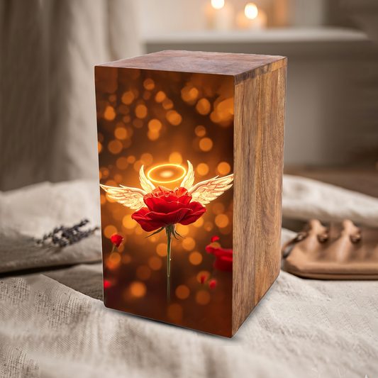 Red Rose Urn For Human Ashes - Angel Rose Decorative Wooden Box