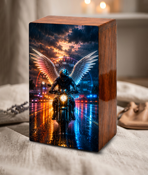 Motorcycle Angel Urn For Ashes Male - Bike Rider Wooden Cremation Urns For Dad