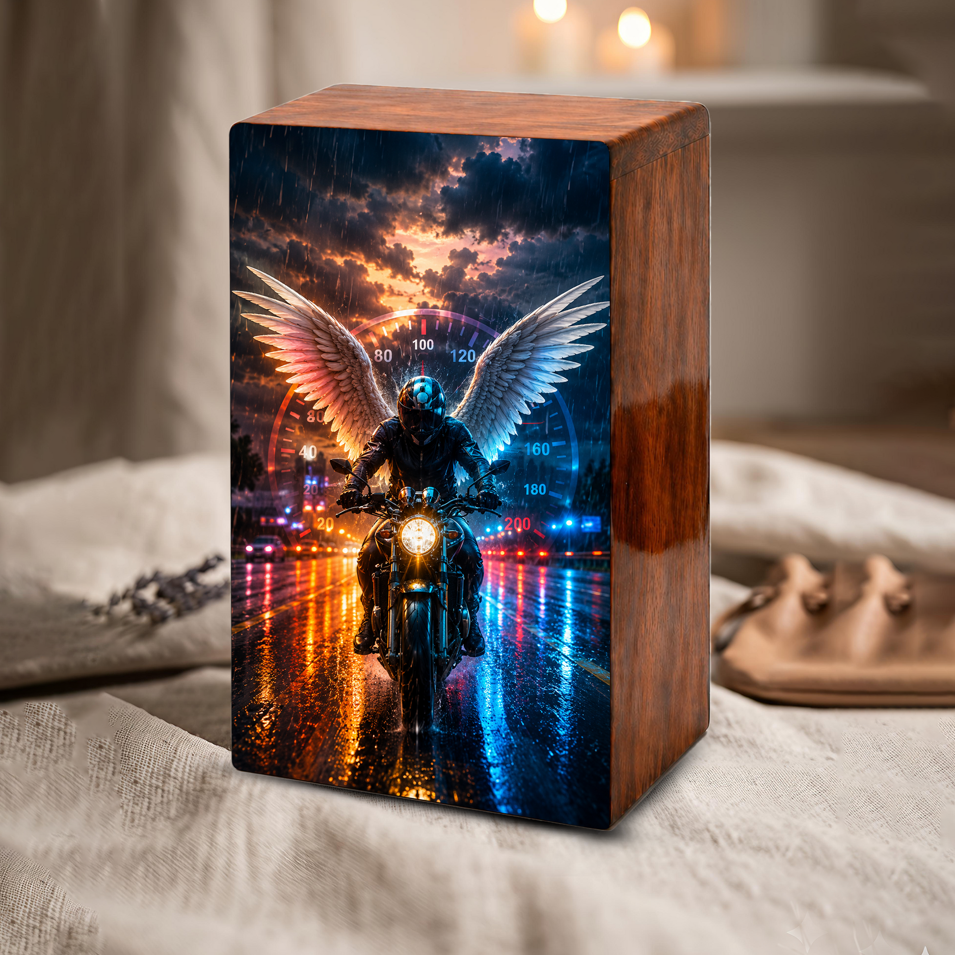 Motorcycle Angel Urn For Ashes Male - Bike Rider Wooden Cremation Urns For Dad