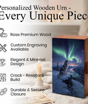 Husky Dog Aurora Borealis Pet Urn for Ashes - Northern Lights Wooden Urn
