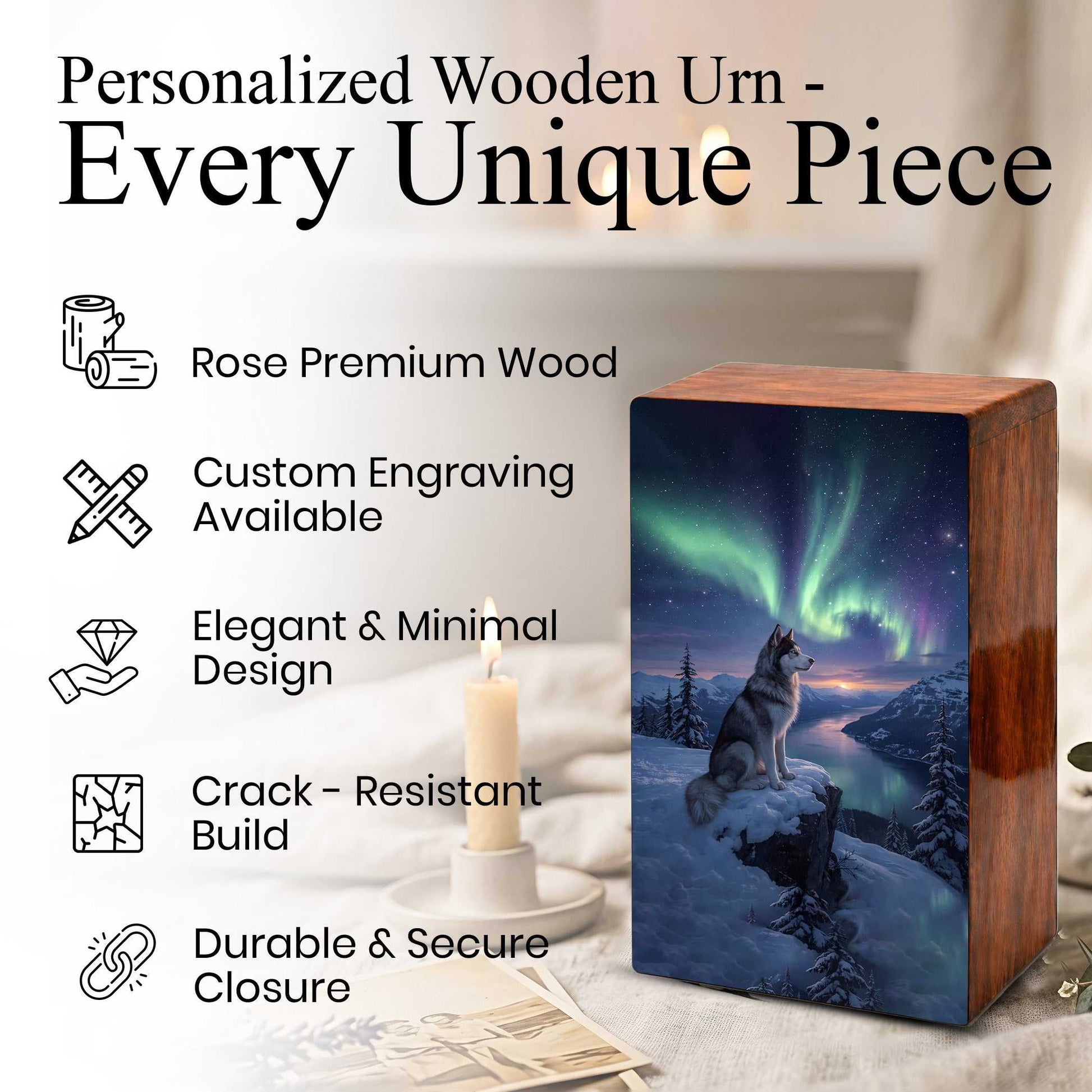 Husky Dog Aurora Borealis Pet Urn for Ashes - Northern Lights Wooden Urn