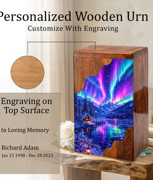 Aurora Borealis Wooden Cremation Urn – Northern Lights Memorial Urn for Human Ashes