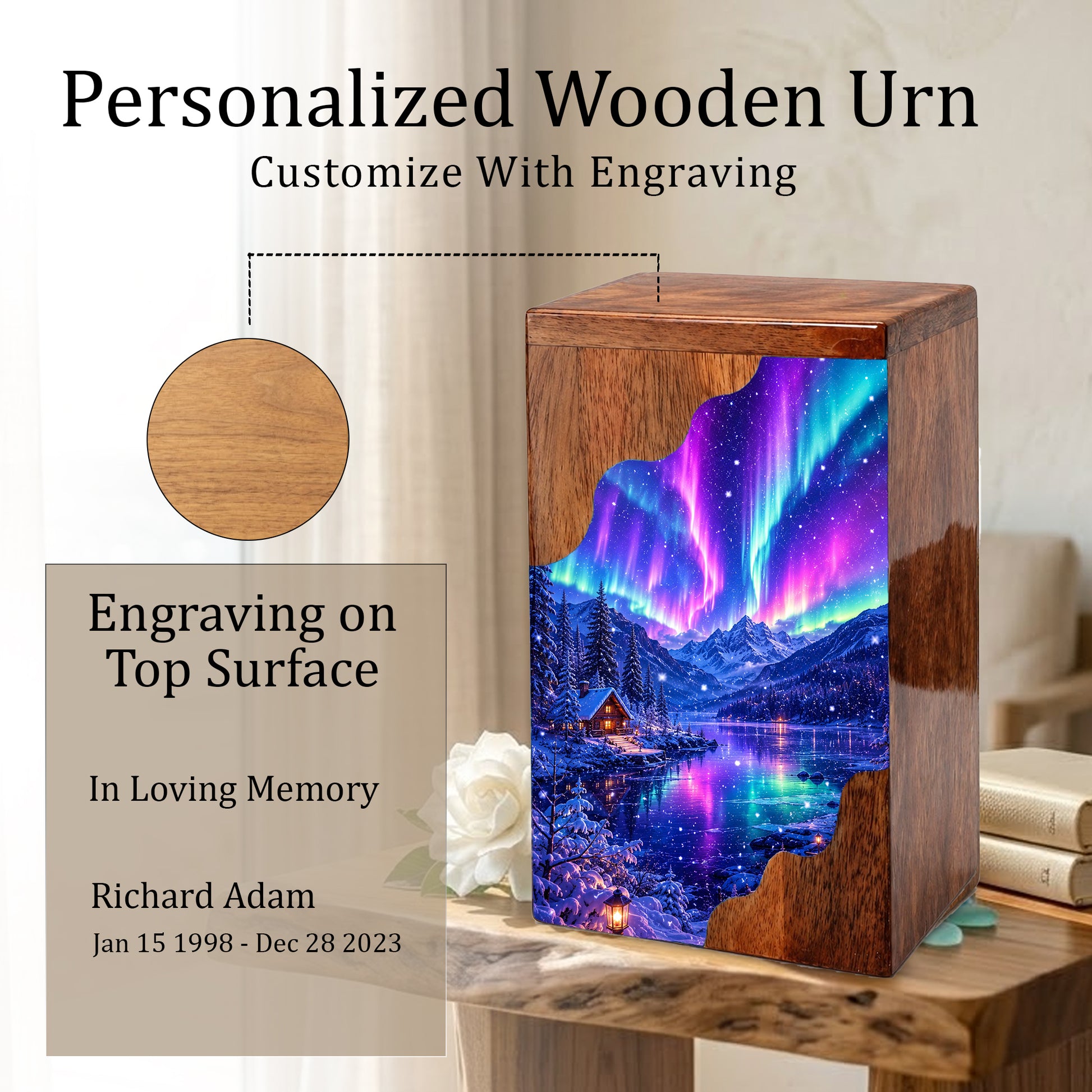 Aurora Borealis Wooden Cremation Urn – Northern Lights Memorial Urn for Human Ashes