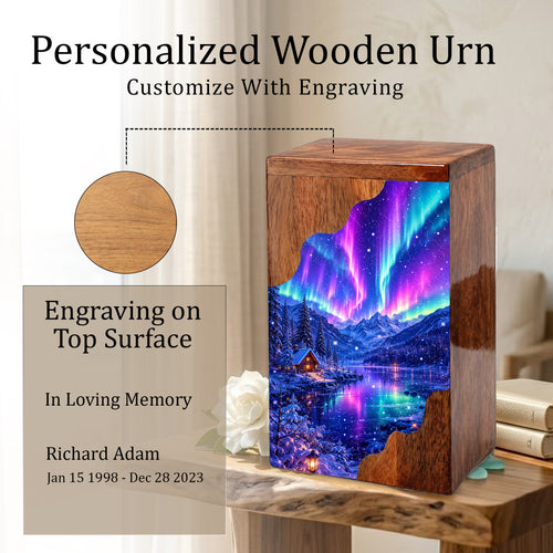Aurora Borealis Wooden Cremation Urn – Northern Lights Memorial Urn for Human Ashes