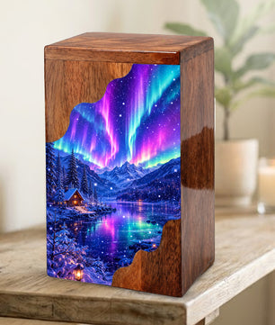 Aurora Borealis Wooden Cremation Urn – Northern Lights Memorial Urn for Human Ashes