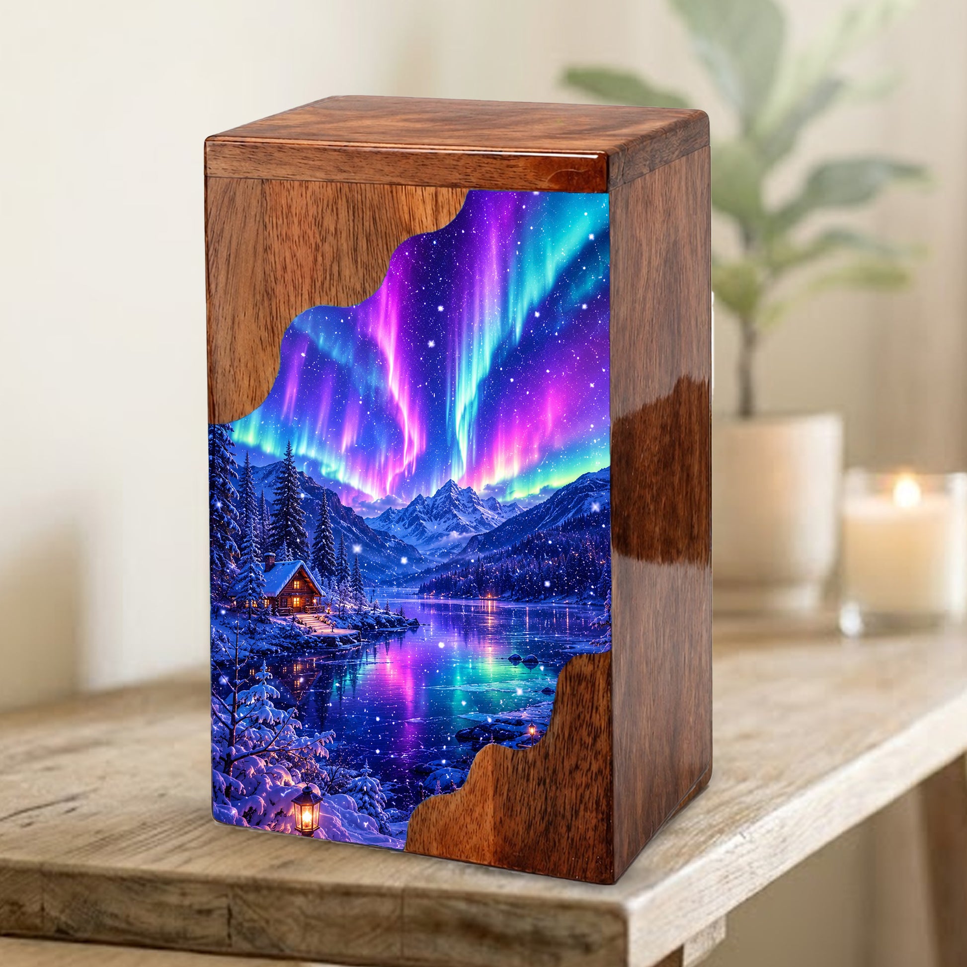 Aurora Borealis Wooden Cremation Urn – Northern Lights Memorial Urn for Human Ashes