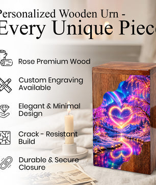 Personalized Northern Lights Heart Wooden Cremation Urn – Aurora Borealis Winter Memorial Urn with Glowing Heart Landscape