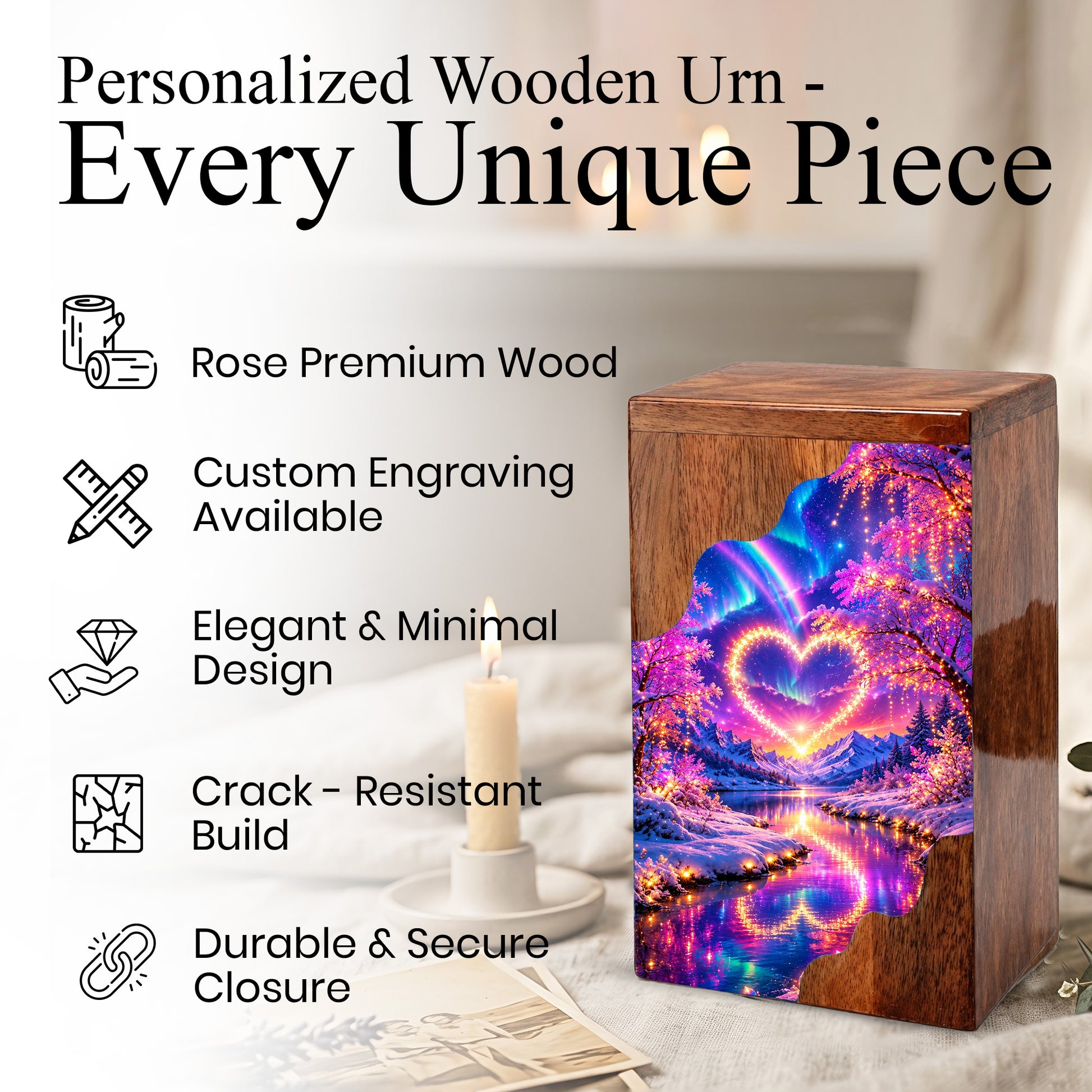 Personalized Northern Lights Heart Wooden Cremation Urn – Aurora Borealis Winter Memorial Urn with Glowing Heart Landscape