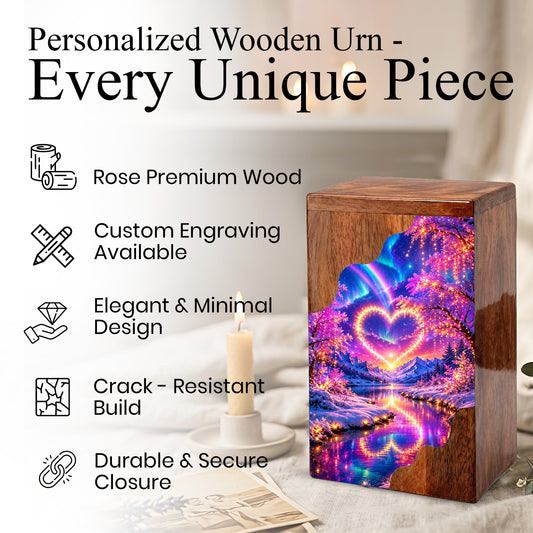 Personalized Northern Lights Heart Wooden Cremation Urn – Aurora Borealis Winter Memorial Urn with Glowing Heart Landscape