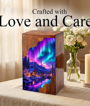 Northern Lights Wooden Cremation Urn – Aurora Borealis Memorial Urn for Human Ashes