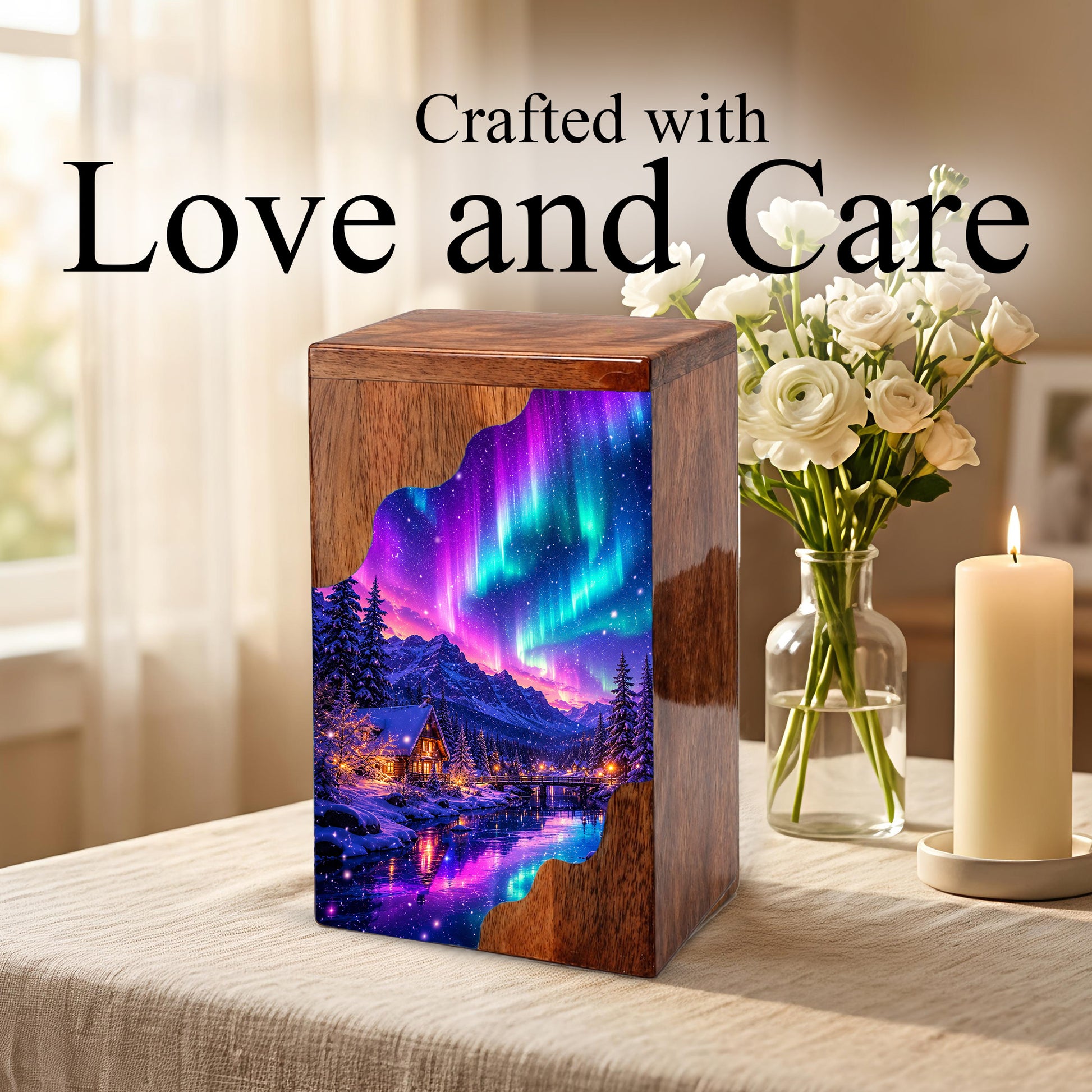 Northern Lights Wooden Cremation Urn – Aurora Borealis Memorial Urn for Human Ashes